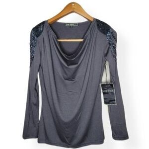 Lovestitch gray long-sleeved sequin cowl neck top size small